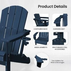 Classic Navy Blue Folding Plastic Adirondack Chairs With 2-Cup Holders-Weather Resistant Patio Outdoor Chair (Set Of 1) -Jearey jearey plastic adirondack chairs sbtzdy na 4f 1000