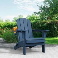Classic Navy Blue Folding Plastic Adirondack Chairs With 2-Cup Holders-Weather Resistant Patio Outdoor Chair (Set Of 1) -Jearey jearey plastic adirondack chairs sbtzdy na c3 1000