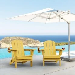 Classic Yellow Folding Plastic Adirondack Chairs With 2-Cup Holders-Weather Resistant Patio Outdoor Chair (Set Of 1) -Jearey jearey plastic adirondack chairs sbtzdy nmh 31 1000