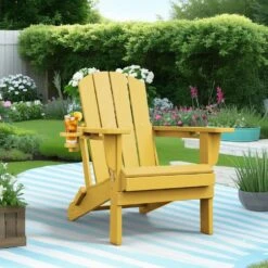 Classic Yellow Folding Plastic Adirondack Chairs With 2-Cup Holders-Weather Resistant Patio Outdoor Chair (Set Of 1) -Jearey jearey plastic adirondack chairs sbtzdy nmh 40 1000