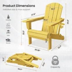 Classic Yellow Folding Plastic Adirondack Chairs With 2-Cup Holders-Weather Resistant Patio Outdoor Chair (Set Of 1) -Jearey jearey plastic adirondack chairs sbtzdy nmh 44 1000