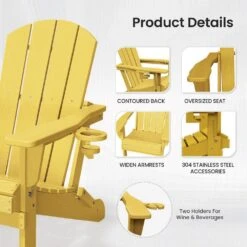 Classic Yellow Folding Plastic Adirondack Chairs With 2-Cup Holders-Weather Resistant Patio Outdoor Chair (Set Of 1) -Jearey jearey plastic adirondack chairs sbtzdy nmh 4f 1000