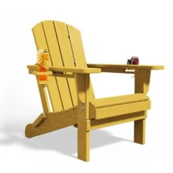 Classic Yellow Folding Plastic Adirondack Chairs With 2-Cup Holders-Weather Resistant Patio Outdoor Chair (Set Of 1)