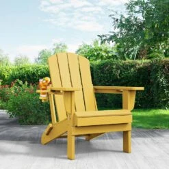 Classic Yellow Folding Plastic Adirondack Chairs With 2-Cup Holders-Weather Resistant Patio Outdoor Chair (Set Of 1) -Jearey jearey plastic adirondack chairs sbtzdy nmh c3 1000