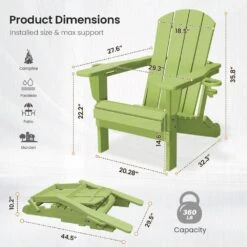 Classic Apple Green Folding HDPE Adirondack Chairs With 2-Cup Holders-Weather Resistant Patio Outdoor Chair (Set Of 1) -Jearey jearey plastic adirondack chairs sbtzdy pgl 44 1000