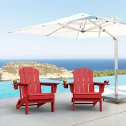 Classic Red Folding Plastic Adirondack Chairs With 2-Cup Holders-Weather Resistant Patio Outdoor Chair (Set Of 1) -Jearey jearey plastic adirondack chairs sbtzdy rd 31 1000