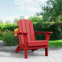 Classic Red Folding Plastic Adirondack Chairs With 2-Cup Holders-Weather Resistant Patio Outdoor Chair (Set Of 1) -Jearey jearey plastic adirondack chairs sbtzdy rd c3 1000