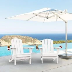 Classic White Folding Plastic Adirondack Chairs With 2-Cup Holders-Weather Resistant Patio Outdoor Chair (Set Of 1) -Jearey jearey plastic adirondack chairs sbtzdy wh 31 1000