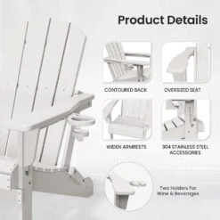 Classic White Folding Plastic Adirondack Chairs With 2-Cup Holders-Weather Resistant Patio Outdoor Chair (Set Of 1) -Jearey jearey plastic adirondack chairs sbtzdy wh 4f 1000