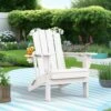 Classic White Folding Plastic Adirondack Chairs With 2-Cup Holders-Weather Resistant Patio Outdoor Chair (Set Of 1)