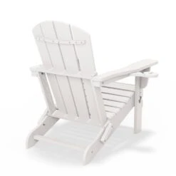 Classic White Folding Plastic Adirondack Chairs With 2-Cup Holders-Weather Resistant Patio Outdoor Chair (Set Of 1) -Jearey jearey plastic adirondack chairs sbtzdy wh 76 1000