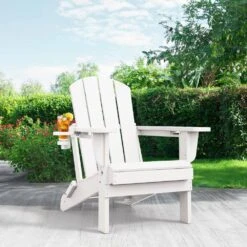 Classic White Folding Plastic Adirondack Chairs With 2-Cup Holders-Weather Resistant Patio Outdoor Chair (Set Of 1) -Jearey jearey plastic adirondack chairs sbtzdy wh c3 1000