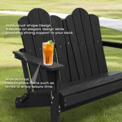 Classic Black Plastic Adirondack Chair 2-Person Outdoor Loveseat With Foldable Design -Jearey jearey plastic adirondack chairs srydy black 1f 1000