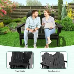 Classic Black Plastic Adirondack Chair 2-Person Outdoor Loveseat With Foldable Design -Jearey jearey plastic adirondack chairs srydy black 31 1000