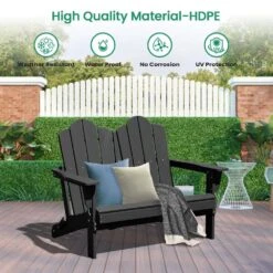 Classic Black Plastic Adirondack Chair 2-Person Outdoor Loveseat With Foldable Design -Jearey jearey plastic adirondack chairs srydy black 4f 1000