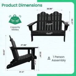 Classic Black Plastic Adirondack Chair 2-Person Outdoor Loveseat With Foldable Design -Jearey jearey plastic adirondack chairs srydy black 76 1000
