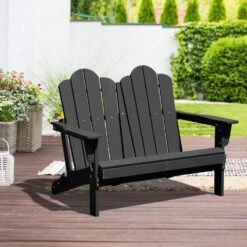 Classic Black Plastic Adirondack Chair 2-Person Outdoor Loveseat With Foldable Design -Jearey jearey plastic adirondack chairs srydy black c3 1000