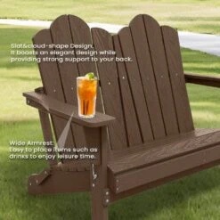 Classic Brown Plastic Adirondack Chair 2-Person Outdoor Loveseat With Foldable Design -Jearey jearey plastic adirondack chairs srydy blown 1f 1000