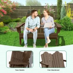 Classic Brown Plastic Adirondack Chair 2-Person Outdoor Loveseat With Foldable Design -Jearey jearey plastic adirondack chairs srydy blown 31 1000