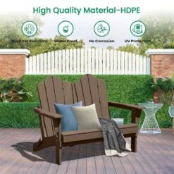 Classic Brown Plastic Adirondack Chair 2-Person Outdoor Loveseat With Foldable Design -Jearey jearey plastic adirondack chairs srydy blown 4f 1000