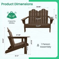 Classic Brown Plastic Adirondack Chair 2-Person Outdoor Loveseat With Foldable Design -Jearey jearey plastic adirondack chairs srydy blown 76 1000