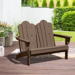 Classic Brown Plastic Adirondack Chair 2-Person Outdoor Loveseat With Foldable Design -Jearey jearey plastic adirondack chairs srydy blown c3 1000
