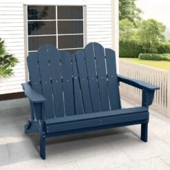 Classic Navy Blue Plastic Adirondack Chair 2-Person Outdoor Loveseat With Foldable Design