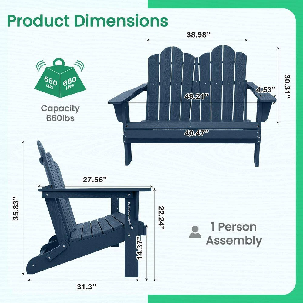 Classic Navy Blue Plastic Adirondack Chair 2-Person Outdoor Loveseat With Foldable Design 8 Classic Navy Blue Plastic Adirondack Chair 2-Person Outdoor Loveseat With Foldable Design - Image 8