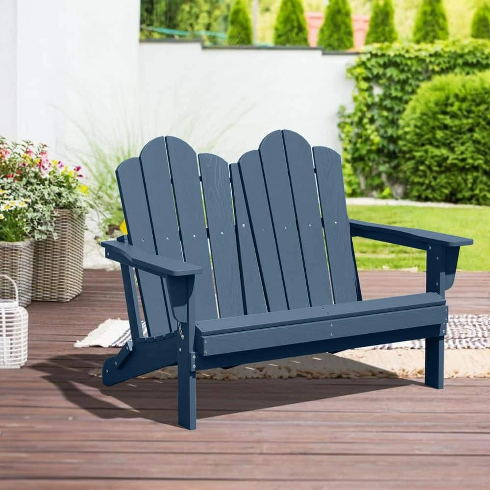 Classic Navy Blue Plastic Adirondack Chair 2-Person Outdoor Loveseat With Foldable Design 3 Classic Navy Blue Plastic Adirondack Chair 2-Person Outdoor Loveseat With Foldable Design - Image 3