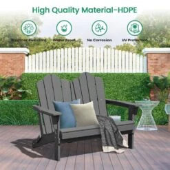 Classic Gray Plastic Adirondack Chair 2-Person Outdoor Loveseat With Foldable Design -Jearey jearey plastic adirondack chairs srydy gray 4f 1000