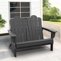 Classic Gray Plastic Adirondack Chair 2-Person Outdoor Loveseat With Foldable Design