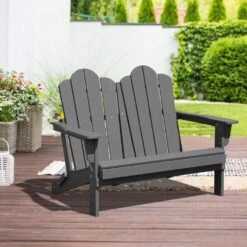 Classic Gray Plastic Adirondack Chair 2-Person Outdoor Loveseat With Foldable Design -Jearey jearey plastic adirondack chairs srydy gray c3 1000