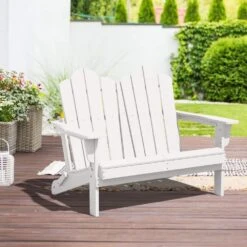 Classic White Plastic Adirondack Chair 2-Person Outdoor Loveseat With Foldable Design -Jearey jearey plastic adirondack chairs srydy write c3 1000