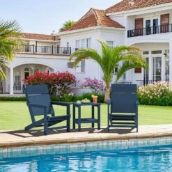 HDPE Navy Adirondack Chair-Panel-Back All-Weather Heavy Woodgrain For Garden, Poolside And Deck -Jearey jearey plastic adirondack chairs xdabanqwy navy 76 1000