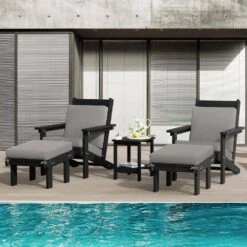 Classic Outdoor Patio HDPE Plastic Adirondack Chair With Footrest Ottoman In Black -Jearey jearey plastic adirondack chairs zbqwy bk 31 1000