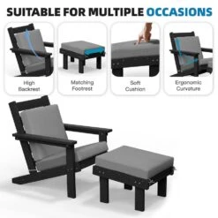 Classic Outdoor Patio HDPE Plastic Adirondack Chair With Footrest Ottoman In Black -Jearey jearey plastic adirondack chairs zbqwy bk c3 1000