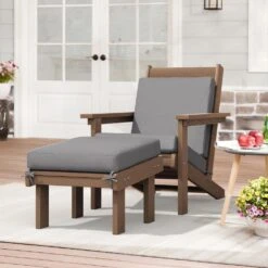Classic Outdoor Patio HDPE Plastic Adirondack Chair With Footrest Ottoman In Brown