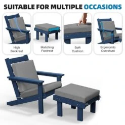 Classic Outdoor Patio HDPE Plastic Adirondack Chair With Footrest Ottoman In Navy Blue -Jearey jearey plastic adirondack chairs zbqwy na c3 1000