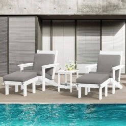 Classic Outdoor Patio HDPE Plastic Adirondack Chair With Footrest Ottoman In White -Jearey jearey plastic adirondack chairs zbqwy wh 31 1000