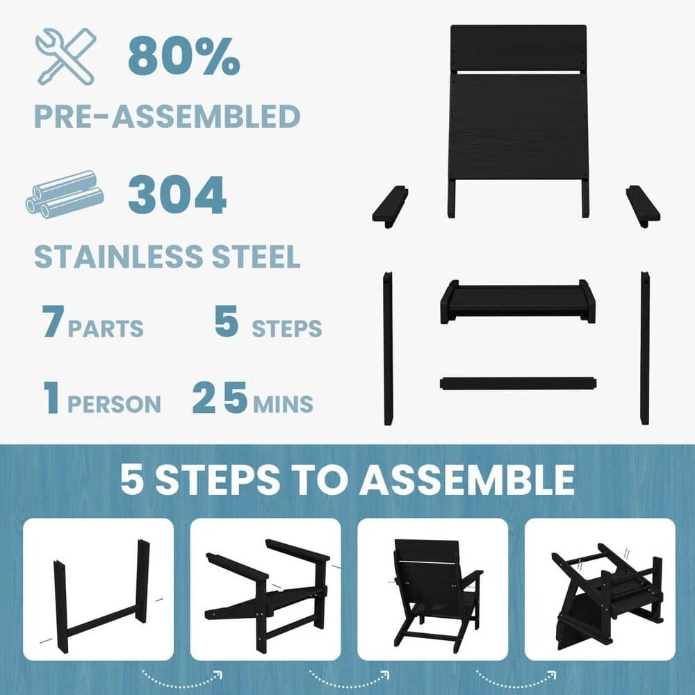 HDPE Black Oversized Plastic Adirondack Chairs All-Weather Heavy Woodgrain For Garden, Poolside And Deck 5 HDPE Black Oversized Plastic Adirondack Chairs All-Weather Heavy Woodgrain For Garden, Poolside And Deck - Image 5