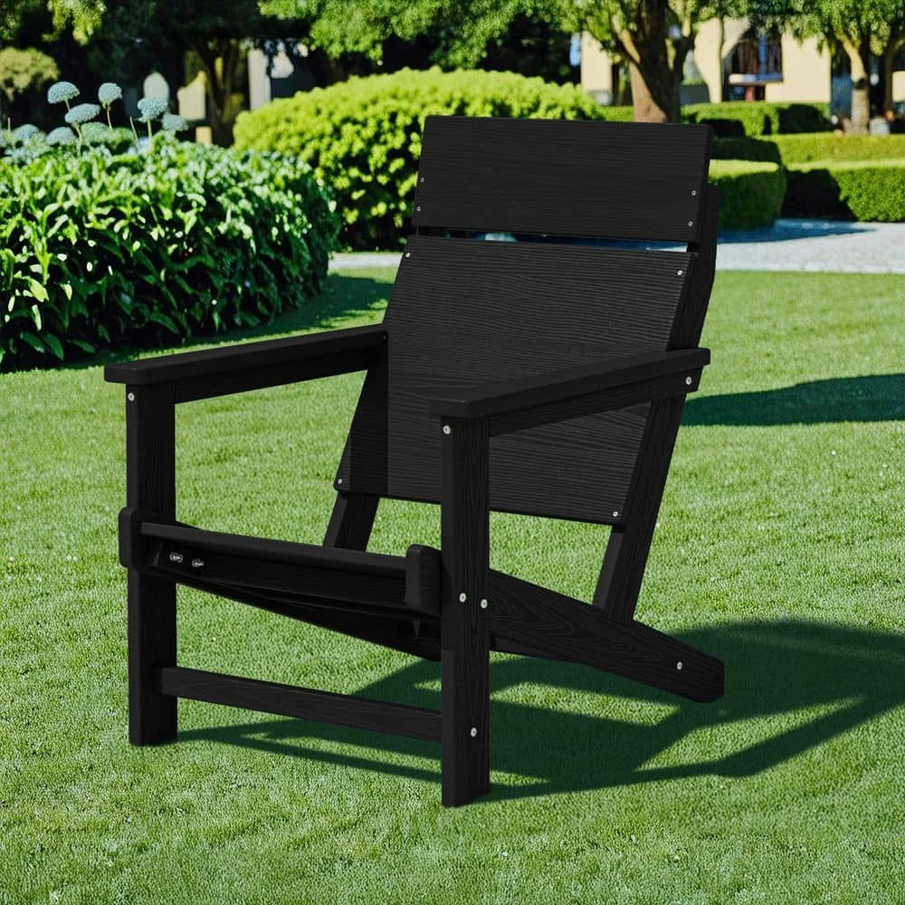 HDPE Black Oversized Plastic Adirondack Chairs All-Weather Heavy Woodgrain For Garden, Poolside And Deck 1 HDPE Black Oversized Plastic Adirondack Chairs All-Weather Heavy Woodgrain For Garden, Poolside And Deck