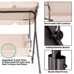 Outdoor 3-Person Steel Porch Swing With Adjust Canopy In Beige -Jearey jearey porch swings qq beige 1d 1000