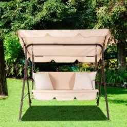 Outdoor 3-Person Steel Porch Swing With Adjust Canopy In Beige -Jearey jearey porch swings qq beige 31 1000
