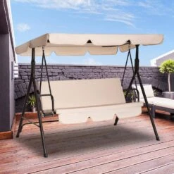 Outdoor 3-Person Steel Porch Swing With Adjust Canopy In Beige -Jearey jearey porch swings qq beige 40 1000