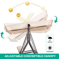 Outdoor 3-Person Steel Porch Swing With Adjust Canopy In Beige -Jearey jearey porch swings qq beige c3 1000