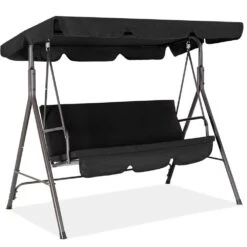 Outdoor 3-Person Steel Porch Swing With Adjust Canopy In Black
