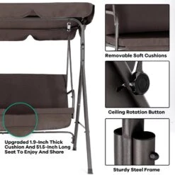 Outdoor 3-Person Steel Porch Swing With Adjust Canopy In Brown -Jearey jearey porch swings qq brown 1d 1000