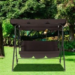 Outdoor 3-Person Steel Porch Swing With Adjust Canopy In Brown -Jearey jearey porch swings qq brown 31 1000