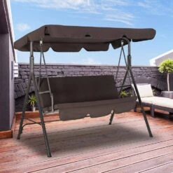 Outdoor 3-Person Steel Porch Swing With Adjust Canopy In Brown -Jearey jearey porch swings qq brown 40 1000