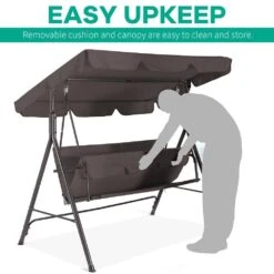 Outdoor 3-Person Steel Porch Swing With Adjust Canopy In Brown -Jearey jearey porch swings qq brown 77 1000